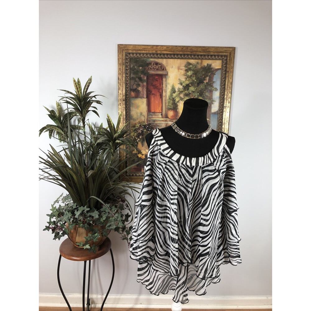 Zebra Print Cold Shoulder Layered Ruffle Top Medium Flowing Asymmetrical Hem